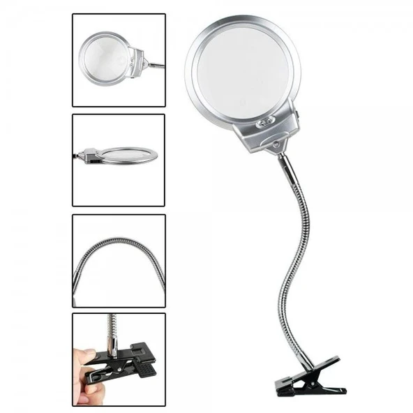 2.5X130 Mm 5X24 Mm Led Aydınlatmalı Büyüteç Masa Üstü Metal Hortum Mandallı Mg15124-C - 2