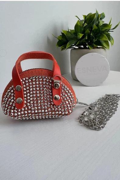 kırmızı Süet Kumaş, Tek Bölmeli, Zincir Askılı,Fermuarlı, Taşlı, Mini El Ve Omuz Çantası 10 cm
