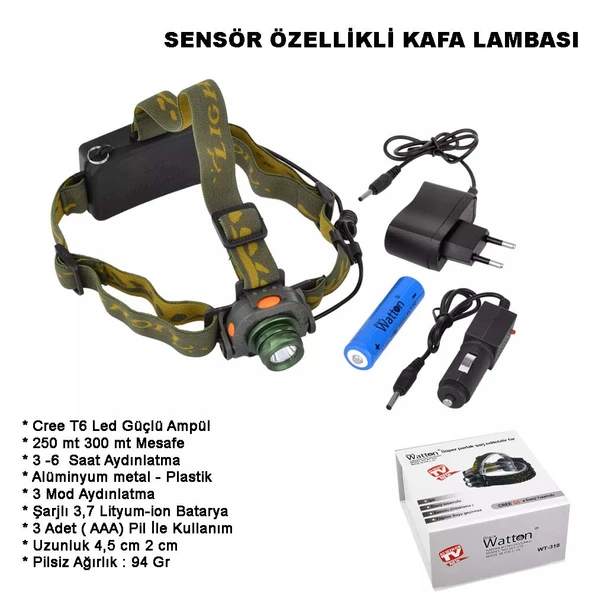 Sensörlü Şarjlı Kafa Lambası Watton Wt-318