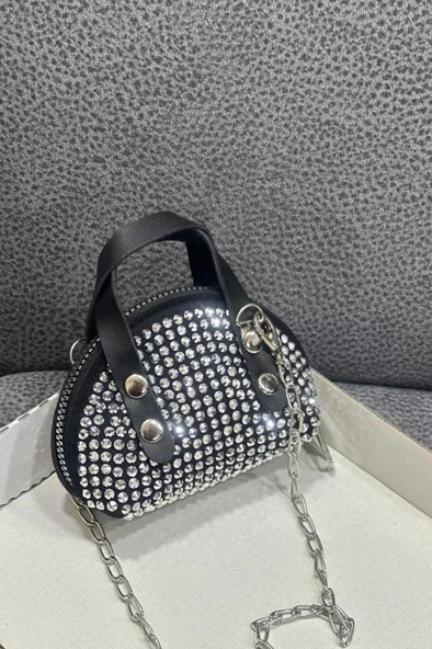 siyah(beyaztaş) Süet Kumaş, Tek Bölmeli, Zincir Askılı,Fermuarlı, Taşlı, Mini El Ve Omuz Çantası 10 cm - 2