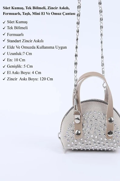 siyah(beyaztaş) Süet Kumaş, Tek Bölmeli, Zincir Askılı,Fermuarlı, Taşlı, Mini El Ve Omuz Çantası 10 cm - 7