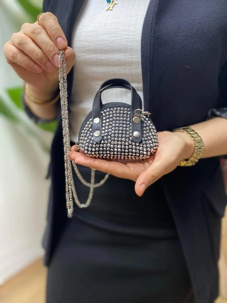 siyah(beyaztaş) Süet Kumaş, Tek Bölmeli, Zincir Askılı,Fermuarlı, Taşlı, Mini El Ve Omuz Çantası 10 cm - 5