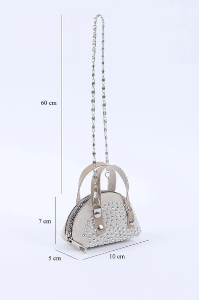kırmızı Süet Kumaş, Tek Bölmeli, Zincir Askılı,Fermuarlı, Taşlı, Mini El Ve Omuz Çantası 10 cm - 7