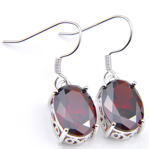 Oval Kesim Kırmızı Taşlı Gümüş Küpe - 0.31cm