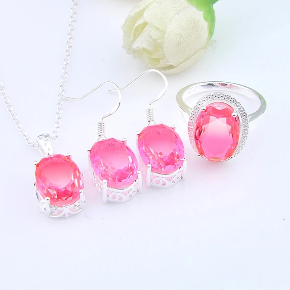 Oval Pembe Turmalin Gümüş Takı Seti - Boyut 7