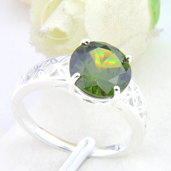 10mm Yuvarlak Zeytin Peridot Taşlı Gümüş Yüzük - Boyut 7