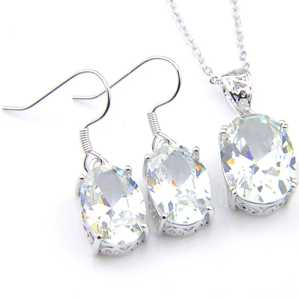 Oval Morganit Sitrin Garnet Mistik Topaz Oniks Peridot Gümüş Takı Seti - Beyaz