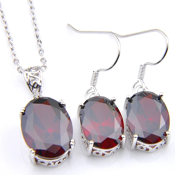 Oval Morganit Sitrin Garnet Mistik Topaz Oniks Peridot Gümüş Takı Seti - Kırmızı