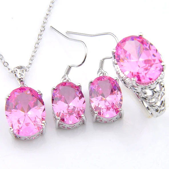 Oval Kesim Pembe Topaz 925 Gümüş Takı Seti - Boyut 7 - 2