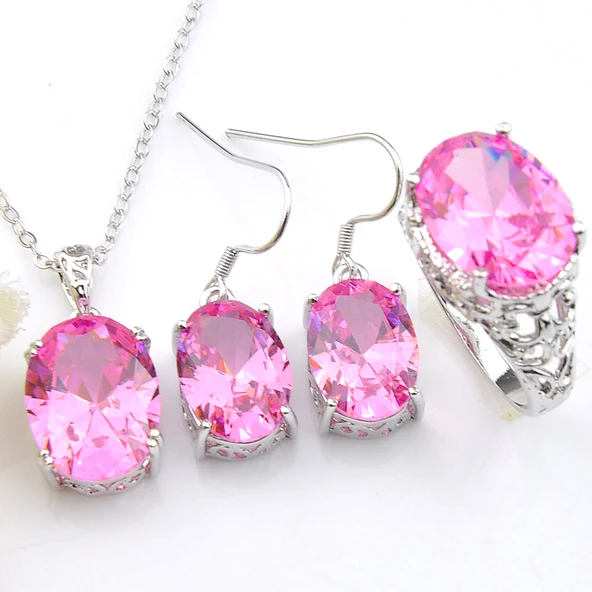 Oval Kesim Pembe Topaz 925 Gümüş Takı Seti - Boyut 7