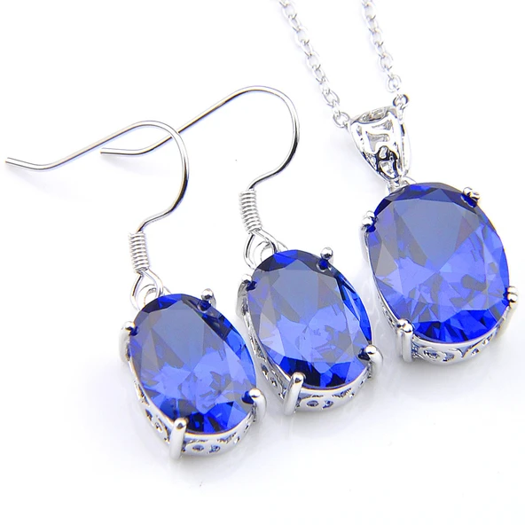 Oval Morganit Sitrin Garnet Mistik Topaz Oniks Peridot Gümüş Takı Seti - Mavi