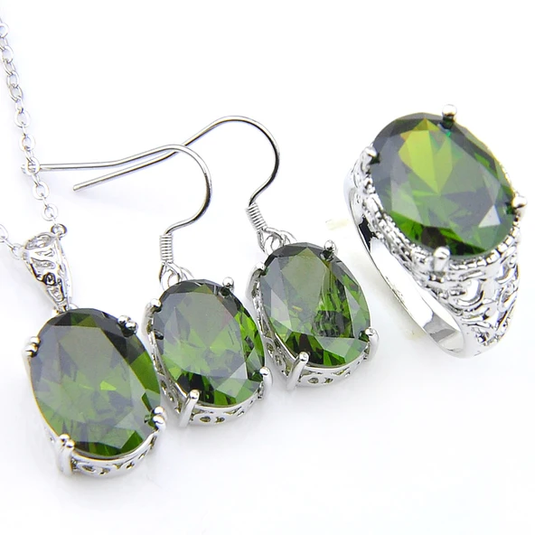 Oval Kesim Zeytin Peridot Gümüş Takı Seti - Boyut 9
