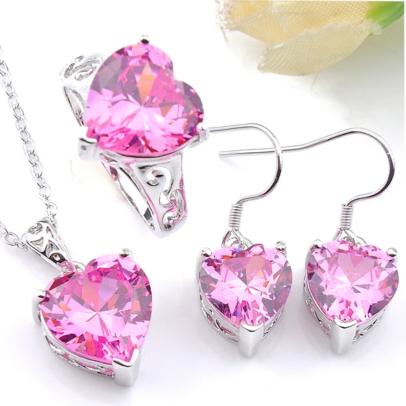 Kalp Pembe Topaz Gümüş Takı Seti - Yüzük Boyutu 8 - 2
