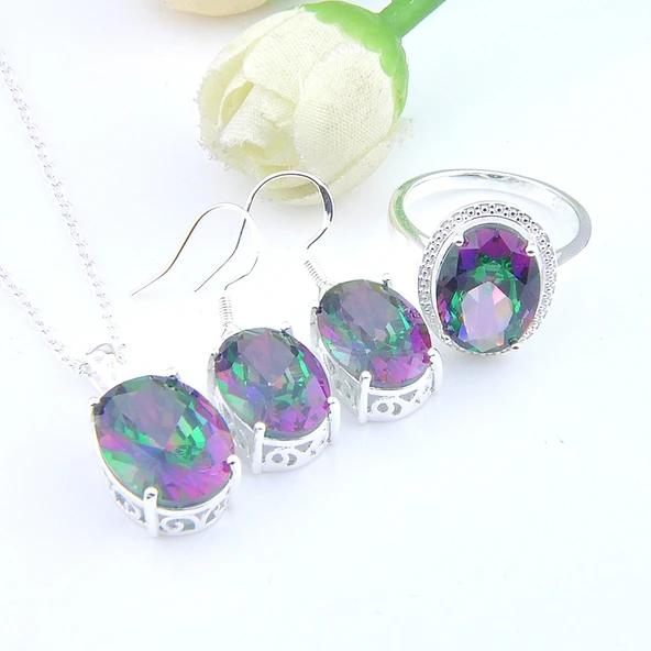 Oval Kesim Gökkuşağı Mistik Topaz Gümüş Takı Seti - Boyut 9 - 2