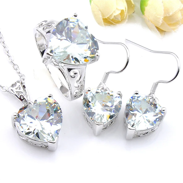 Aşk Kalbi Beyaz Topaz Gümüş Takı Seti - Boyut 9 - 3