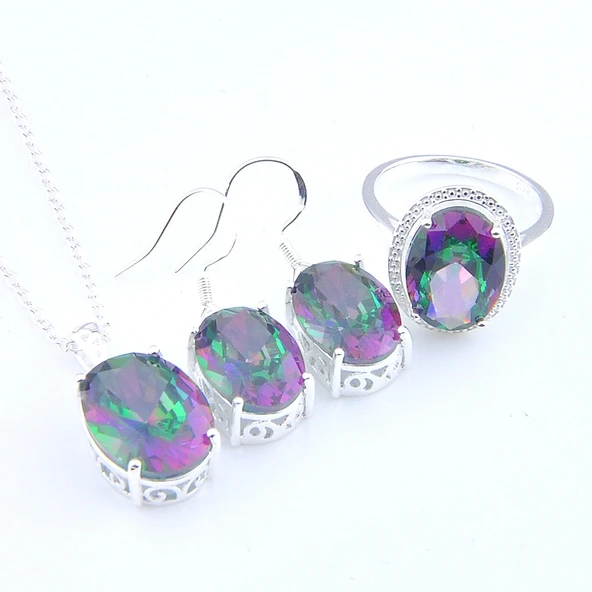 Oval Kesim Gökkuşağı Mistik Topaz Gümüş Takı Seti - Boyut 9
