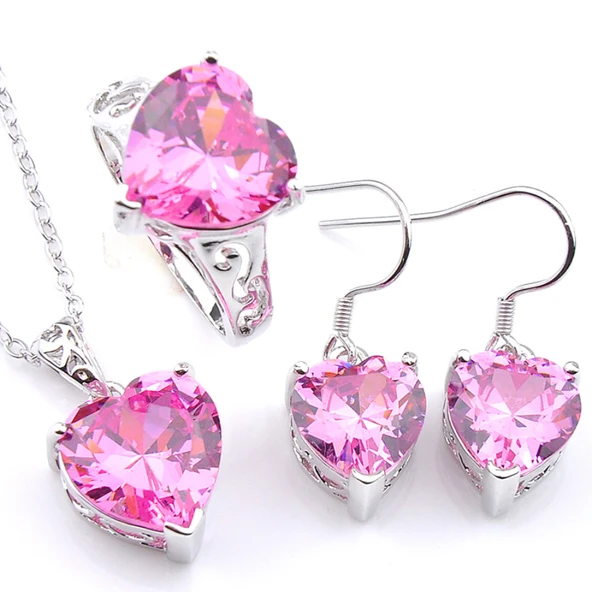 Kalp Pembe Topaz Gümüş Takı Seti - Yüzük Boyutu 8