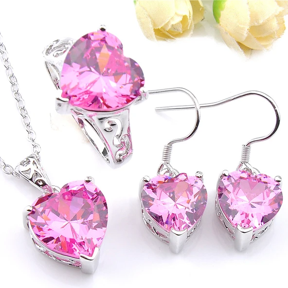 Kalp Pembe Topaz Gümüş Takı Seti - Yüzük Boyutu 9 - 3