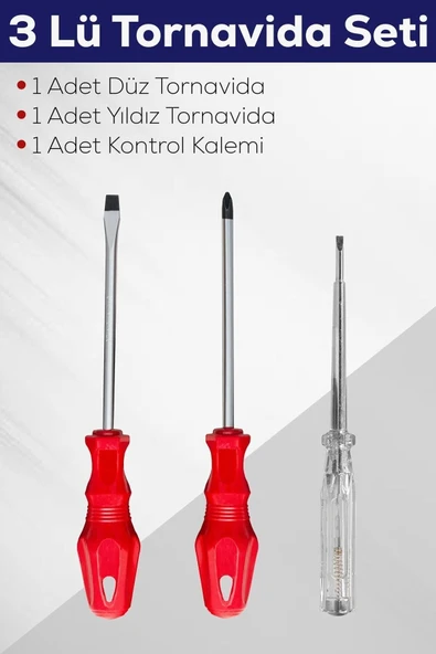 3 lü Tornavida Seti Düz Tornavida - Yıldız Tornavida - Kontrol Kalemi