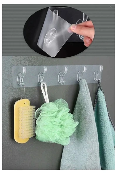 2 Adet Kendinden Yapışkanlı Güçlü Şeffaf 5li Askılık - Kapı Arkası Mutfak Duvar Banyo - 3