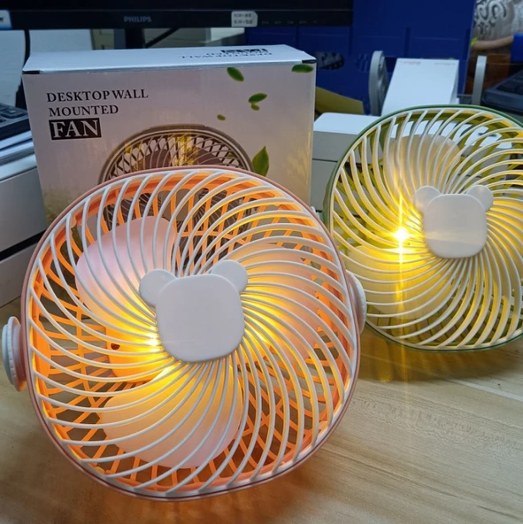 Masaüstü Duvar Montajlı Dolgu Işıklı Fan - Pembe - Şarjlı