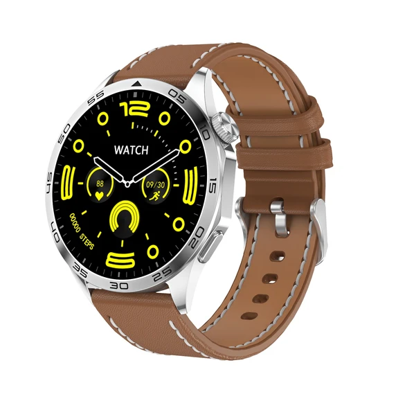 Akıllı Bluetooth Çağrılı Spor Akıllı Saat - Gümüş Kasa Kahverengi Deri Kayış