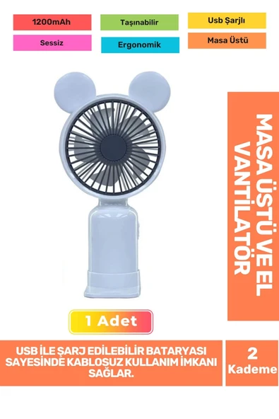 Sessiz 2 Kademeli Hafif Kablosuz 1200mAh Pervaneli Taşınabilir Usb Şarjlı Masa El Fanı Vantilatör