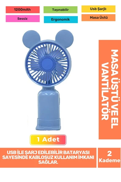 Sessiz 2 Kademeli Hafif Kablosuz 1200mAh Pervaneli Taşınabilir Usb Şarjlı Masa El Fanı Vantilatör