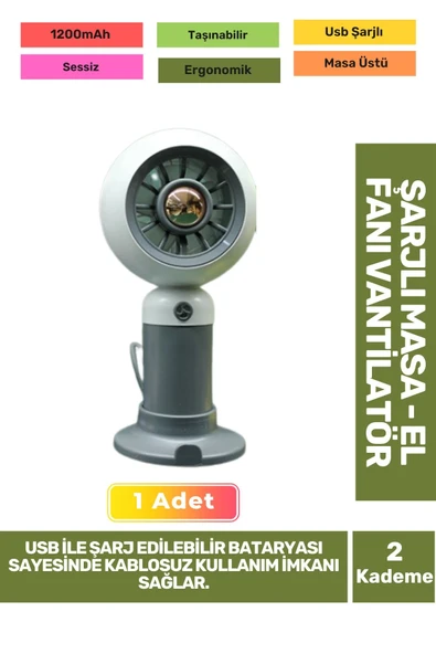 Sessiz 2 Kademeli Hafif Kablosuz 1200mAh Pervaneli Taşınabilir Usb Şarjlı Masa El Fanı Vantilatör