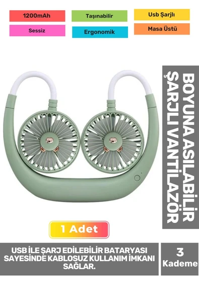 Premium Sessiz Sarı Eller Serbest Boyuna Asılabilir Şarjlı 3 Kademeli Vantilatör Klima Soğutucu Fan ürün görseli 1