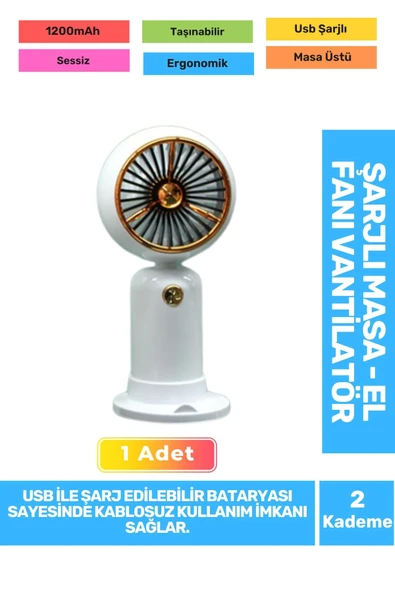 Sessiz 2 Kademeli Hafif Kablosuz 1200mAh Pervaneli Taşınabilir Usb Şarjlı Masa El Fanı Vantilatör