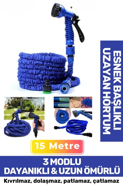 Premium Dolaşmaz Kırılmaz 7 Kademe Uzayan Bahçe Sulama Araç Yıkama Tabancalı 15 Metre Sihirli Hortum