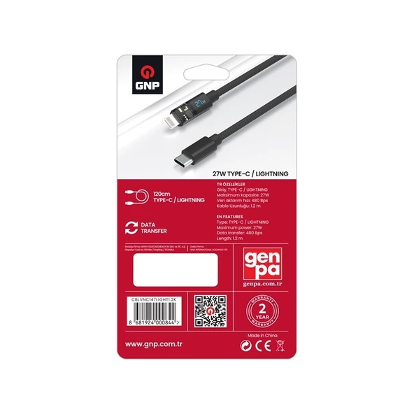 GNP 27W Type-C to Lightning Led Ekran Kablo 120cm (GENPA Garantili) - Resim 2