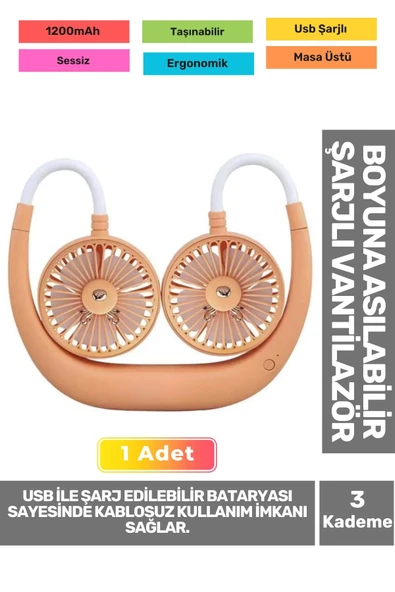 Premium Sessiz Sarı Eller Serbest Boyuna Asılabilir Şarjlı 3 Kademeli Vantilatör Klima Soğutucu Fan ürün görseli 1