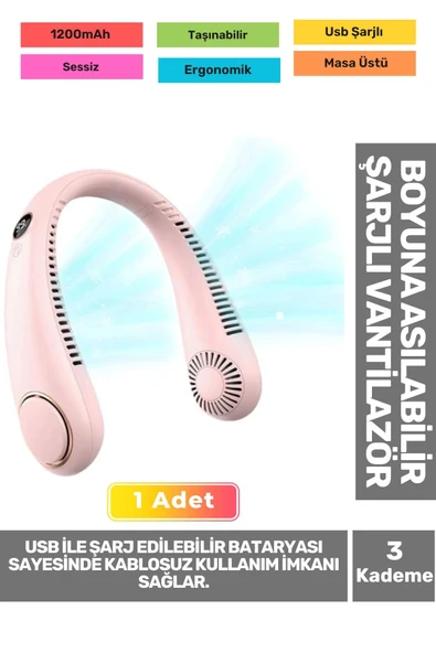 Premium Sessiz Sarı Eller Serbest Boyuna Asılabilir Şarjlı 3 Kademeli Vantilatör Klima Soğutucu Fan