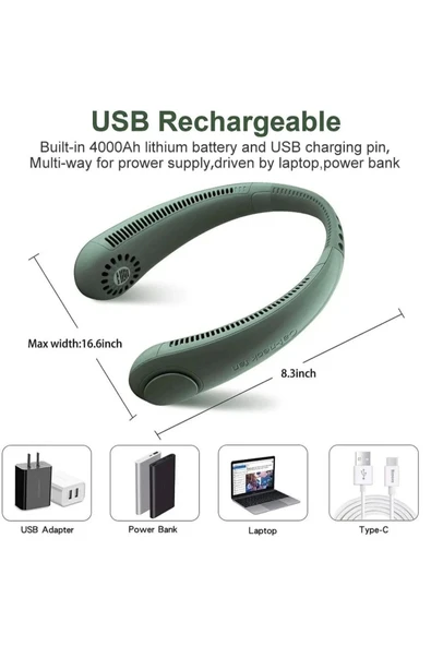 Premium Sessiz Sarı Eller Serbest Boyuna Asılabilir Şarjlı 3 Kademeli Vantilatör Klima Soğutucu Fan - 2