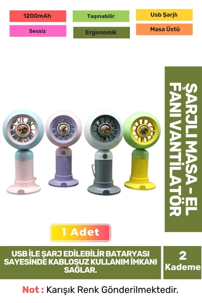 Sessiz 2 Kademeli Hafif Kablosuz 1200mAh Pervaneli Taşınabilir Usb Şarjlı Masa El Fanı Vantilatör ürün görseli 1