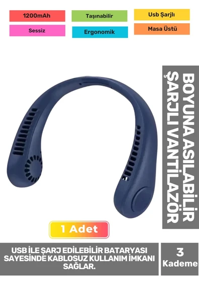 Premium Sessiz Sarı Eller Serbest Boyuna Asılabilir Şarjlı 3 Kademeli Vantilatör Klima Soğutucu Fan