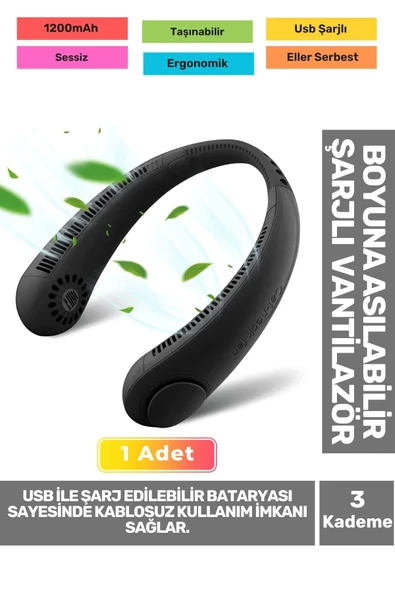 Premium Sessiz Sarı Eller Serbest Boyuna Asılabilir Şarjlı 3 Kademeli Vantilatör Klima Soğutucu Fan