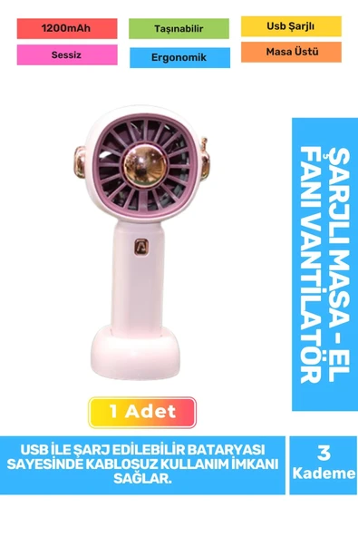 Sessiz 3 Kademeli Hafif Kablosuz 1200mAh Pervaneli Taşınabilir Usb Şarjlı Masa El Fanı Vantilatör