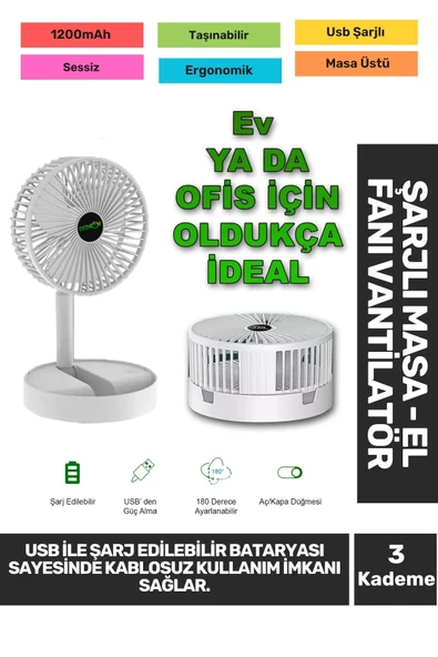 Sessiz 3 Kademeli Hafif Kablosuz 1200mAh Pervaneli Taşınabilir Usb Şarjlı Masa El Fanı Vantilatör ürün görseli 1