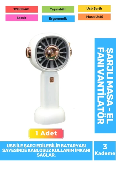 Sessiz 3 Kademeli Hafif Kablosuz 1200mAh Pervaneli Taşınabilir Usb Şarjlı Masa El Fanı Vantilatör ürün görseli