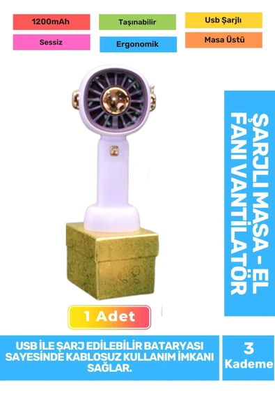 Sessiz 3 Kademeli Hafif Kablosuz 1200mAh Pervaneli Taşınabilir Usb Şarjlı Masa El Fanı Vantilatör