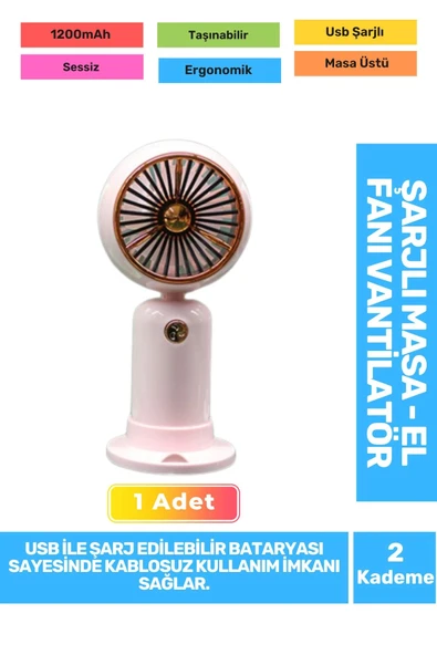 Sessiz 2 Kademeli Hafif Kablosuz 1200mAh Pervaneli Taşınabilir Usb Şarjlı Masa El Fanı Vantilatör