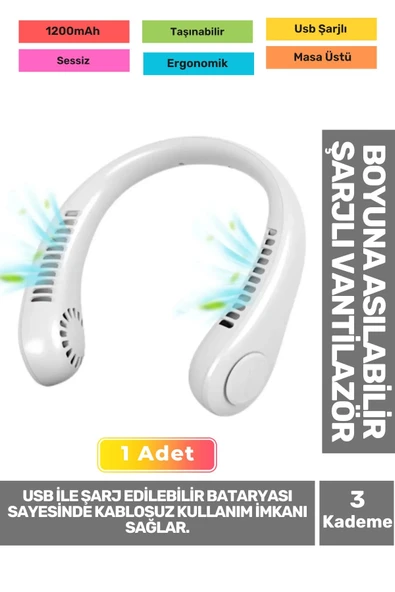 Premium Sessiz Sarı Eller Serbest Boyuna Asılabilir Şarjlı 3 Kademeli Vantilatör Klima Soğutucu Fan