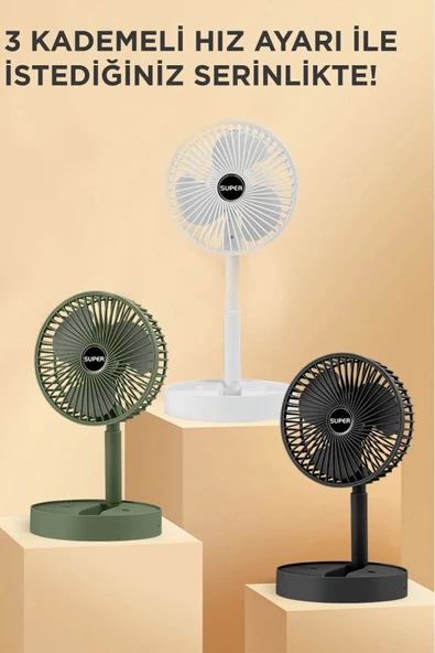 Sessiz 3 Kademeli Hafif Kablosuz 1200mAh Pervaneli Taşınabilir Usb Şarjlı Masa El Fanı Vantilatör - 3