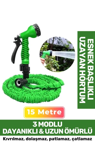 Premium Dolaşmaz Kırılmaz 7 Kademe Uzayan Bahçe Sulama Araç Yıkama Tabancalı 15 Metre Sihirli Hortum