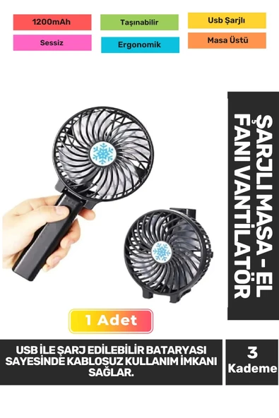 Sessiz 3 Kademeli Hafif Kablosuz 1200mAh Pervaneli Taşınabilir Usb Şarjlı Masa El Fanı Vantilatör
