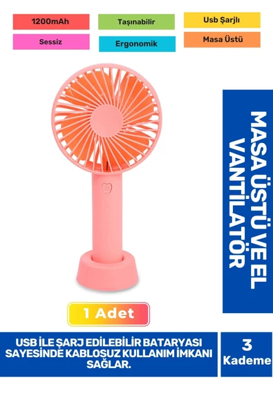 Sessiz 3 Kademeli Hafif Kablosuz 1200mAh Pervaneli Taşınabilir Usb Şarjlı Masa El Fanı Vantilatör ürün görseli 1