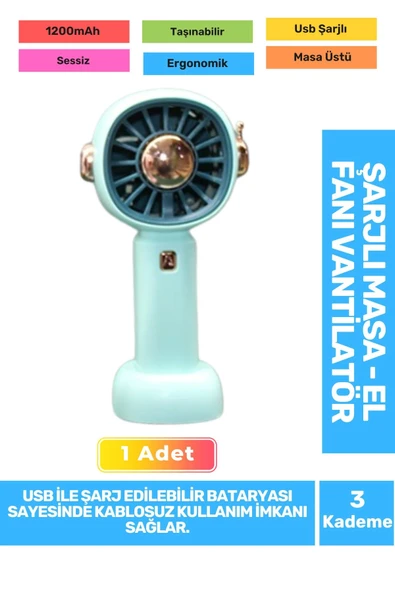 Sessiz 3 Kademeli Hafif Kablosuz 1200mAh Pervaneli Taşınabilir Usb Şarjlı Masa El Fanı Vantilatör